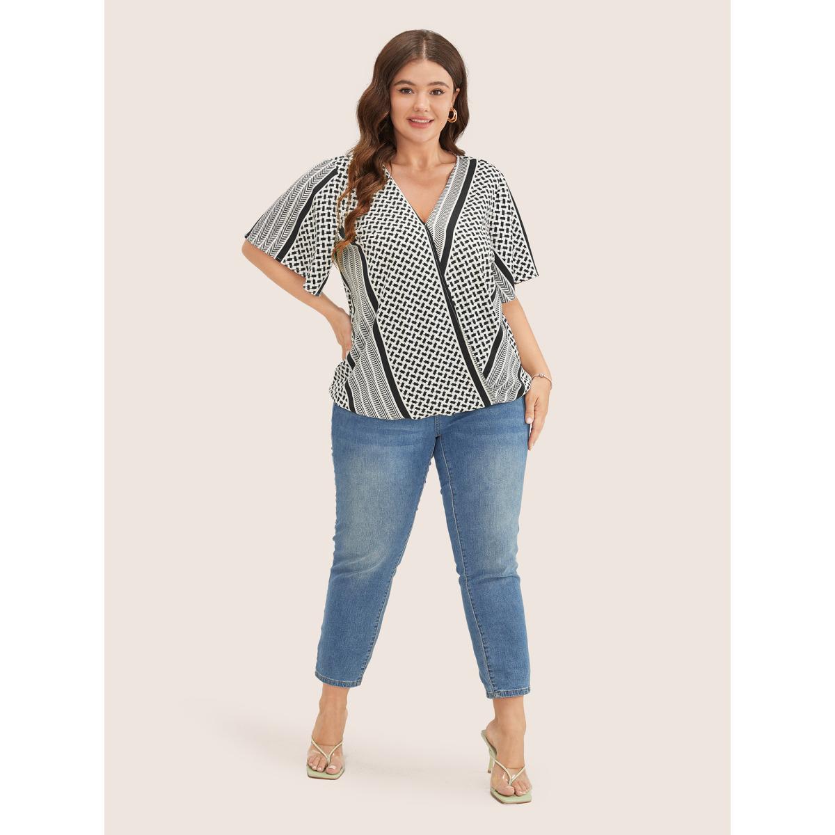 Plus Size Black Geometric Contrast Ruffle Sleeve Wrap Blouse Women Resort Short sleeve Overlap Collar Vacation Blouses BloomChic 26/4X Product Image