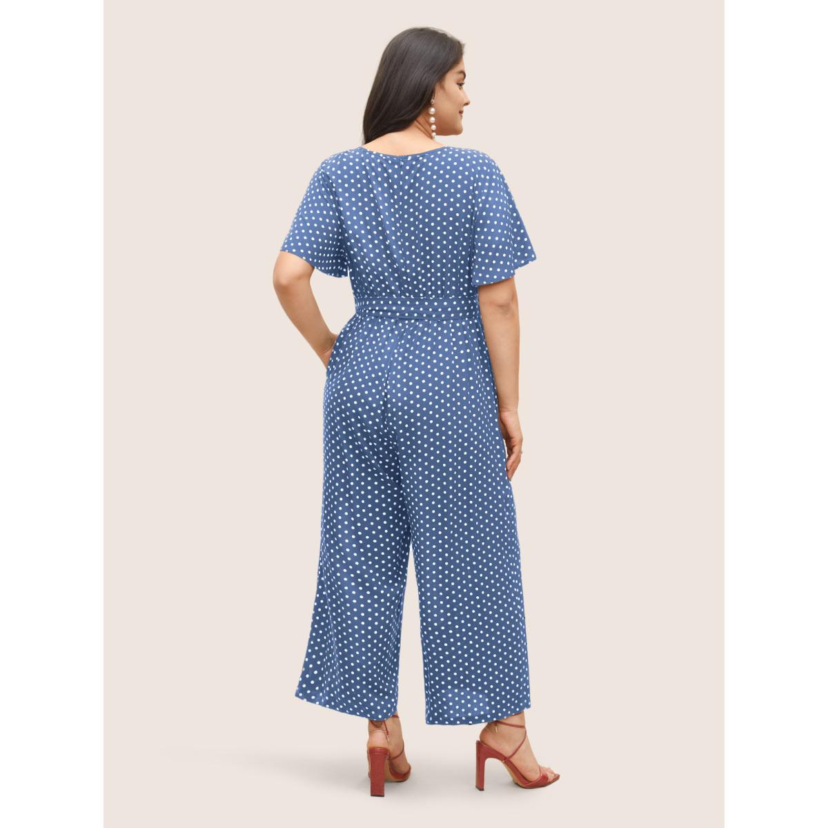 Plus Size Skyblue Polka Dot Cut Out Zipper Belted Jumpsuit Women Elegant Short sleeve Notched collar Everyday Loose Jumpsuits BloomChic 28/5X Product Image