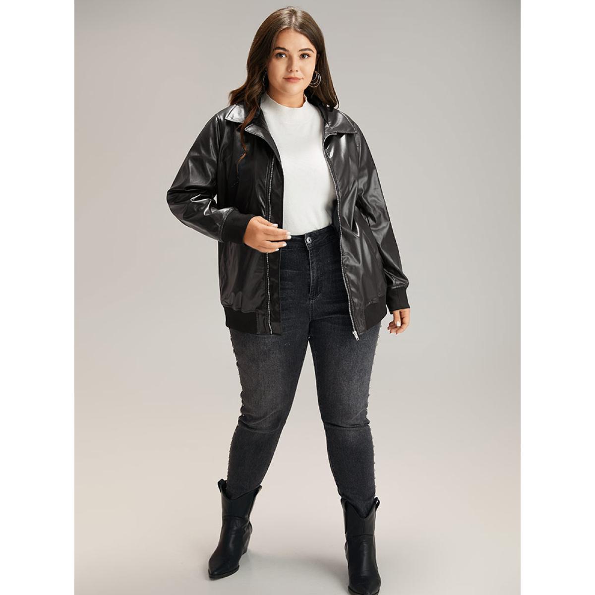 Plus Size Plain Zipper Fly Rib Knit Patchwork Jacket Women Black Elastic cuffs Pocket Dailywear Jackets BloomChic 12/L Product Image