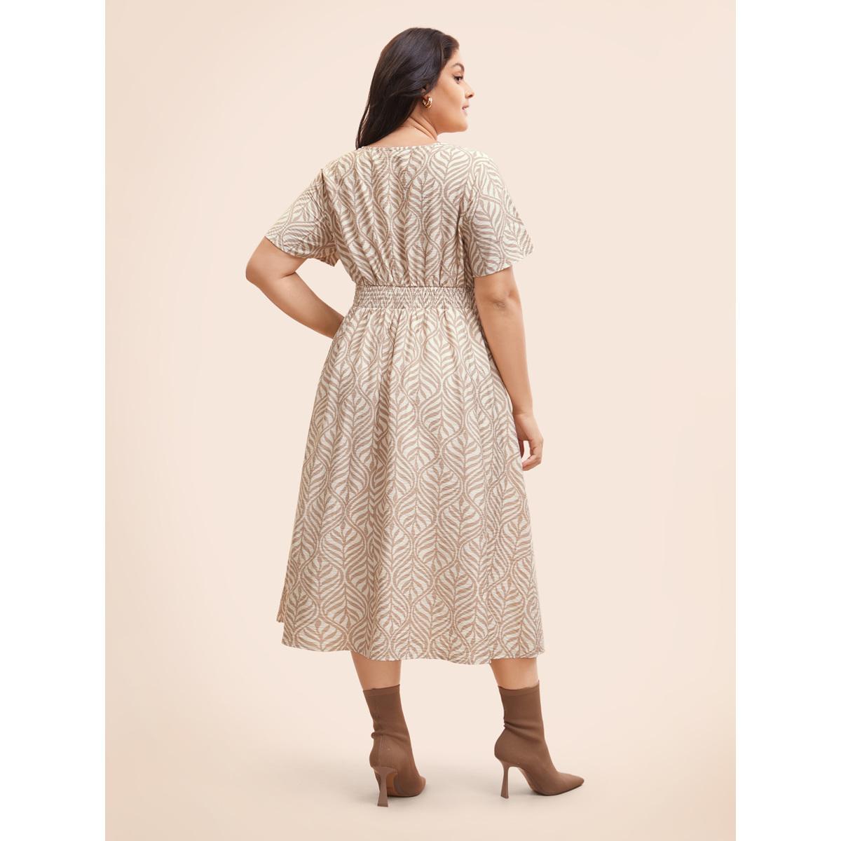 Plus Size Boho Print Notched Collar Shirred Dress LightBrown Women At the Office Shirred Notched collar Short sleeve Curvy BloomChic 12/L Product Image
