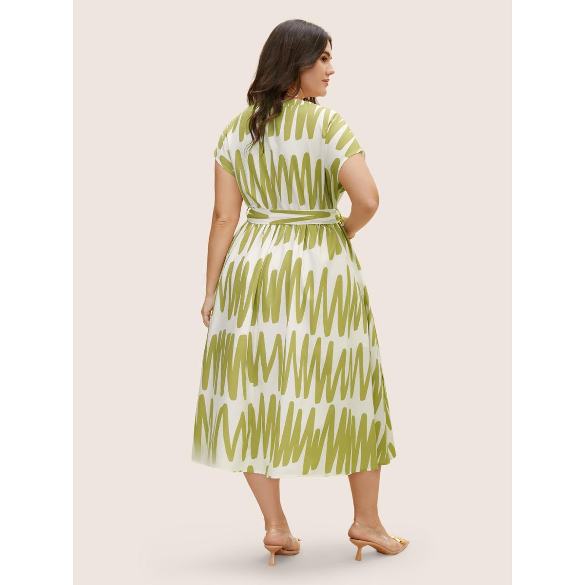 Plus Size Notched Striped Elastic Waist Split Hem Midi Dress Moss Women At the Office Belted Shirt collar Cap Sleeve Curvy BloomChic 12/L Product Image
