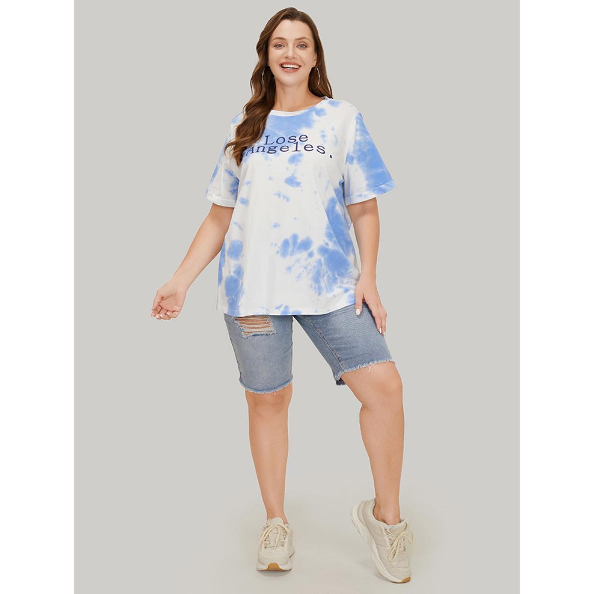 Plus Size Letter Print Short Sleeve Tie Dye T-shirt White Women Casual Art&design Dailywear T-shirts BloomChic 30/6X Product Image