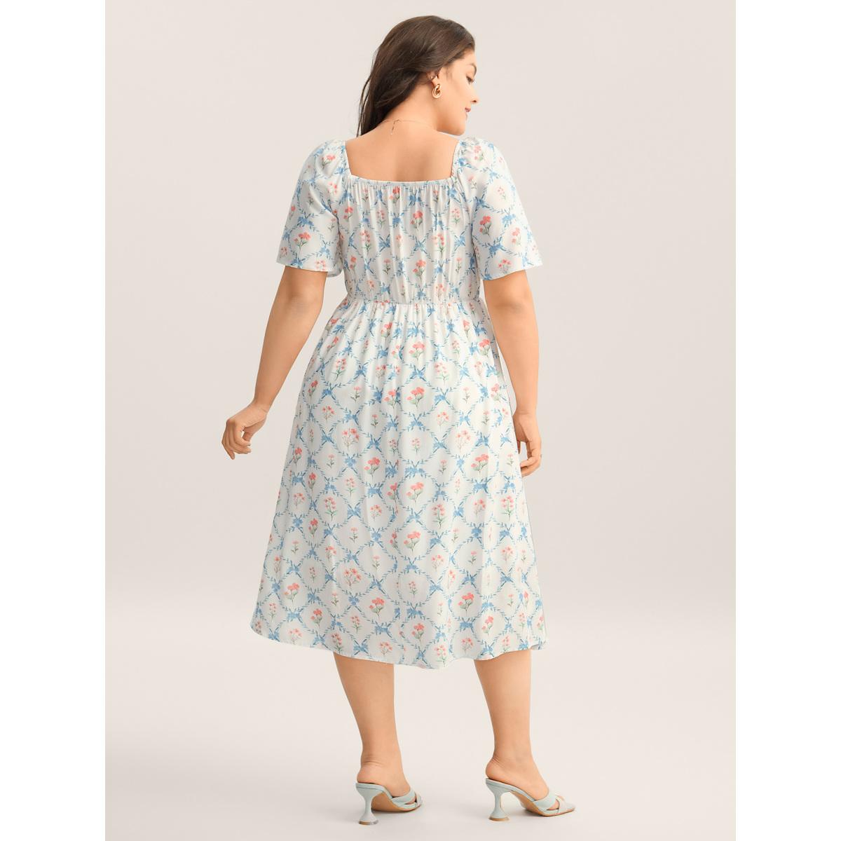 Plus Size Shirred Floral Print Pockets Midi Dress Originalwhite Women Romantic Square Neck Short sleeve Curvy BloomChic 26/4X Product Image