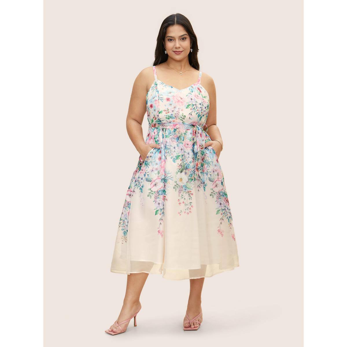 Plus Size Floral Mesh Elastic Waist Belted Cami Dress Champagne Women Elegant Belted U-neck Sleeveless Curvy BloomChic 30/6X Product Image