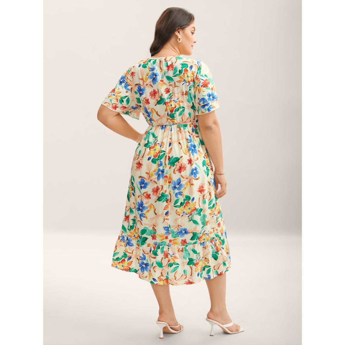 Plus Size Sunkissed Florals Pockets Midi Dress Apricot Women V-neck Short sleeve Curvy BloomChic 18-20/2X Product Image