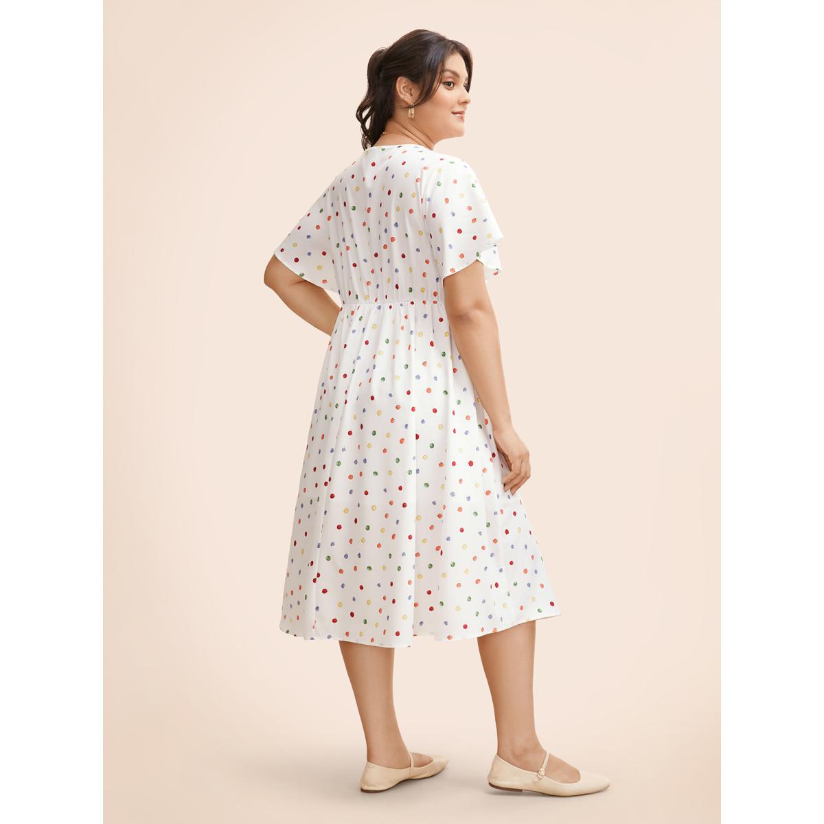 Plus Size Colored Polka Dot Overlap Collar Midi Dress Originalwhite Women Elegant Contrast Overlap Collar Short sleeve Curvy BloomChic 26/4X Product Image