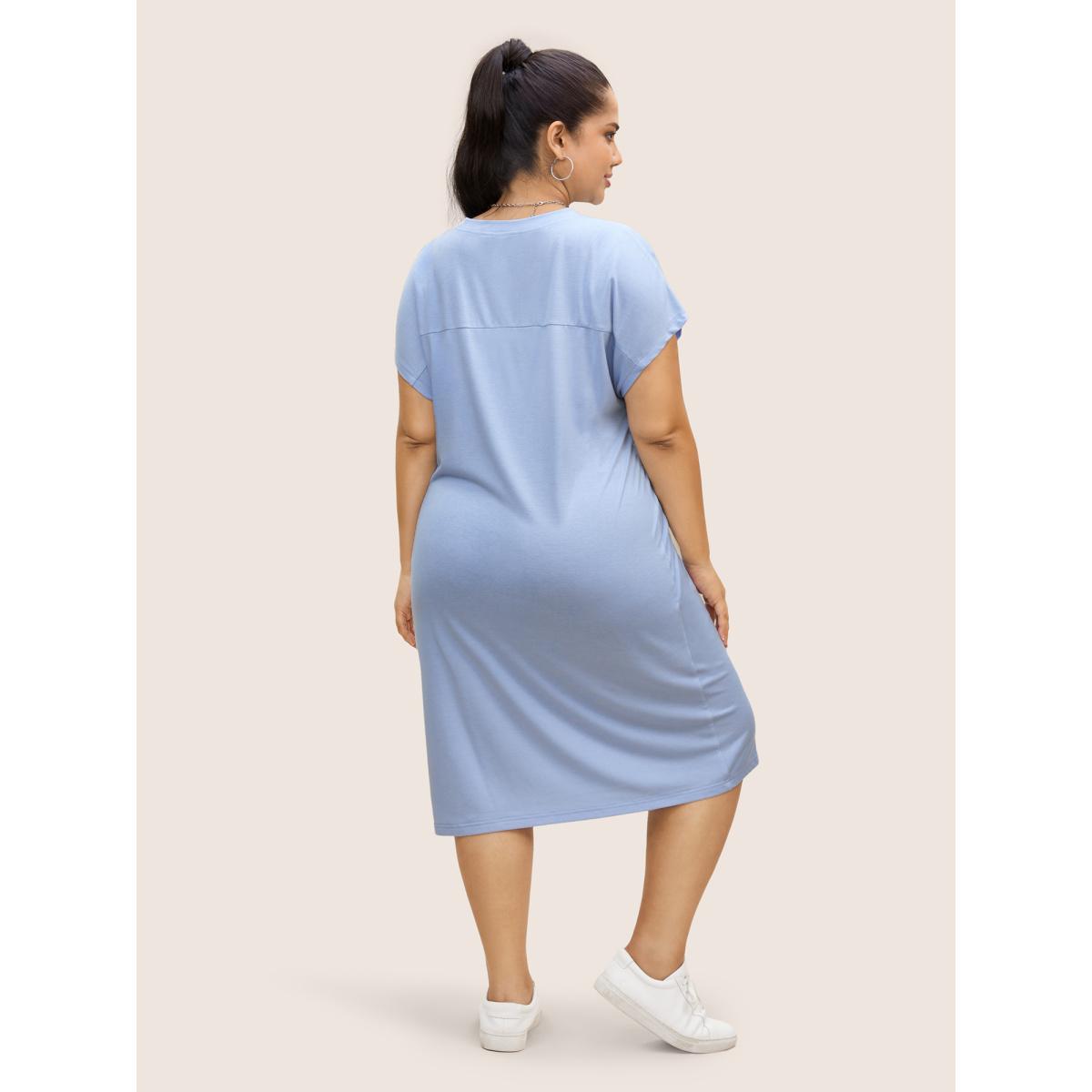Plus Size Plain Tie Knot Batwing Sleeve Dress LightBlue Women Casual Tie knot Round Neck Cap Sleeve Curvy BloomChic 30/6X Product Image
