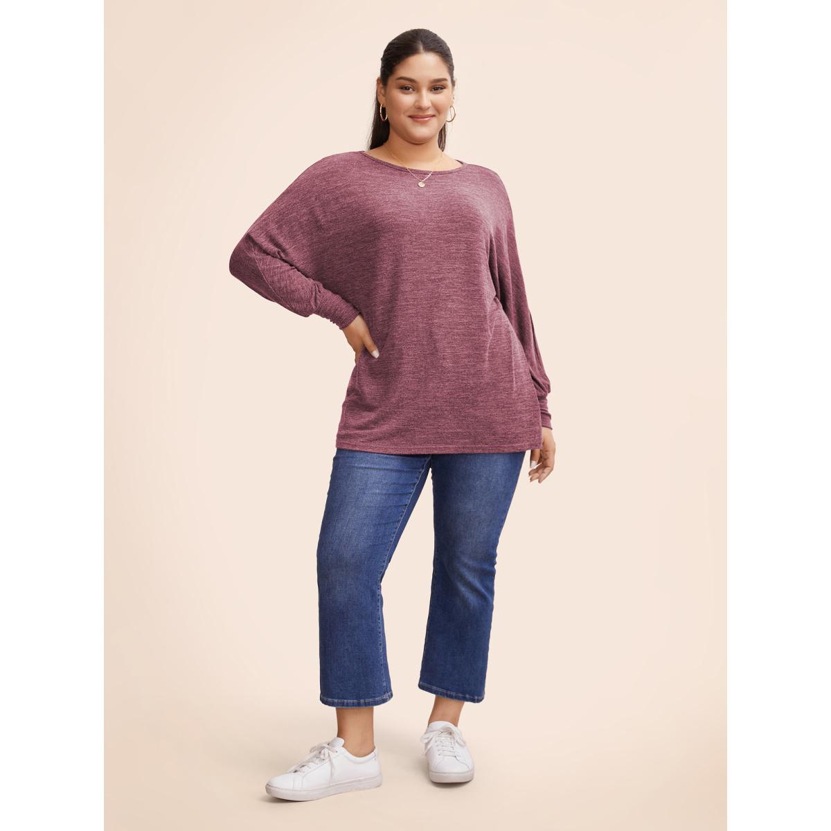 Plus Size Plain Heather Elastic cuffs Dolman Sleeve T-shirt Russet Women Casual Elastic cuffs Plain Round Neck Everyday T-shirts BloomChic 30/6X Product Image