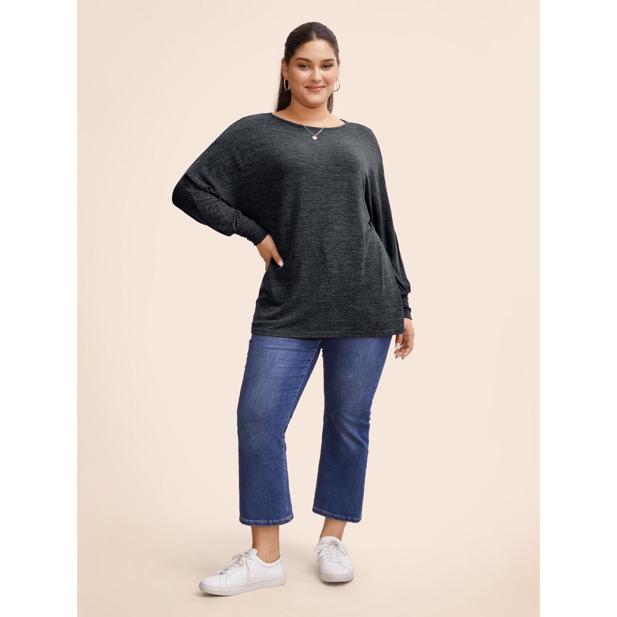 Plus Size Plain Heather Elastic cuffs Dolman Sleeve T-shirt Gray Women Casual Elastic cuffs Plain Round Neck Everyday T-shirts BloomChic 14-16/1X Product Image