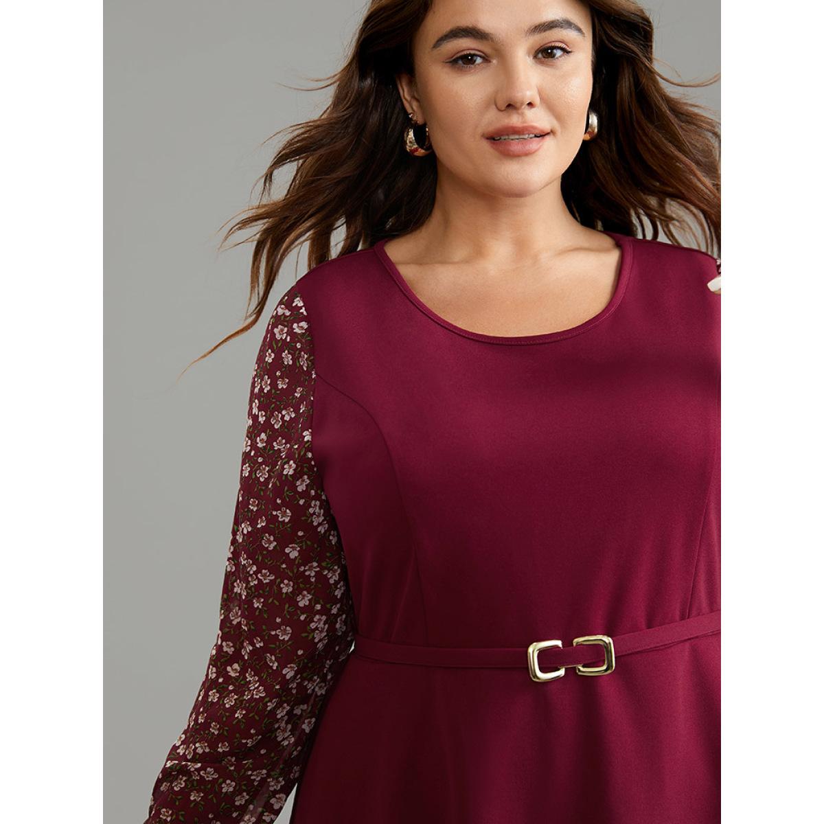 Plus Size Scarlet Ditsy Floral Patchwork Layered Metal Buckle Detail Blouse Women Elegant Long Sleeve Round Neck Office Blouses BloomChic 26/4X Product Image