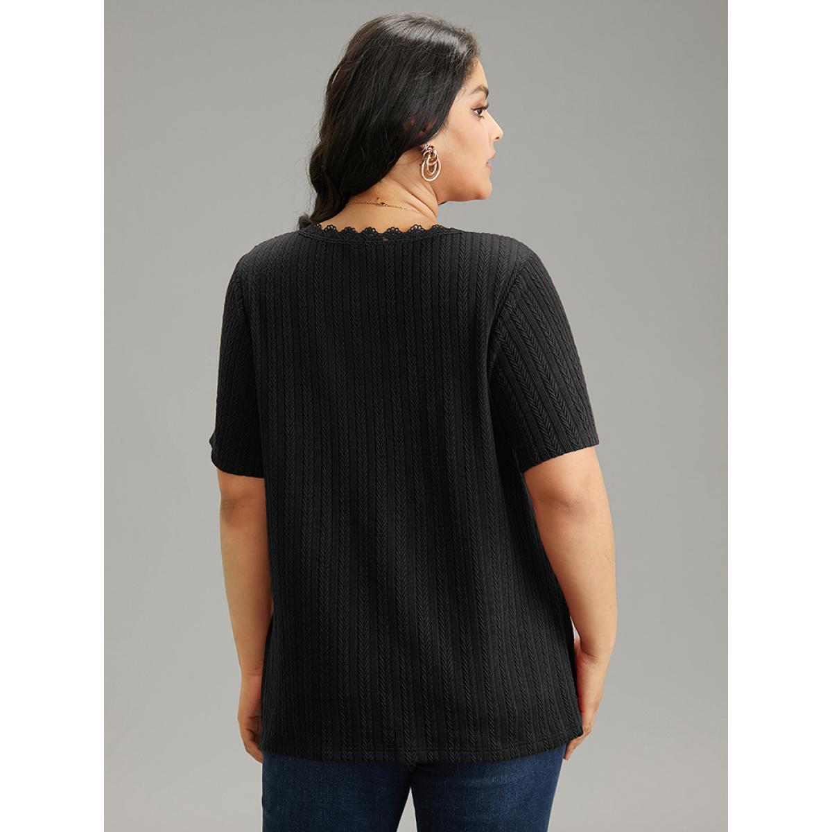 Plus Size Lace Trim Plisse Button Detail T-shirt Black Women Casual Texture Plain V-neck Everyday T-shirts BloomChic 28/5X Product Image