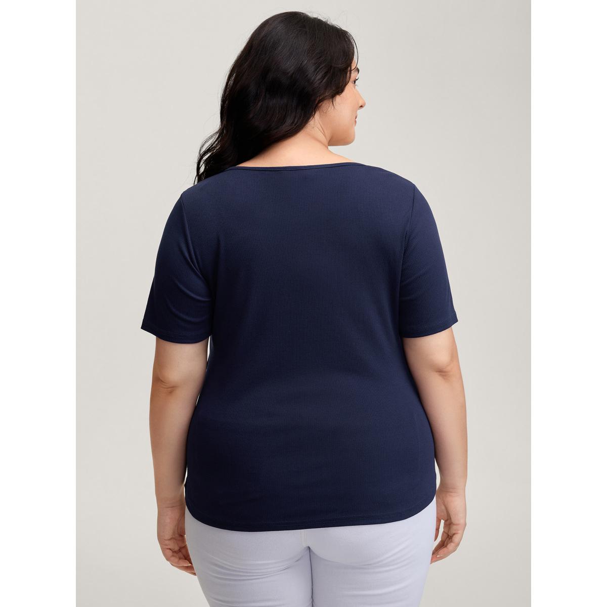 Plus Size Ribbed High Stretch Split Neck T-Shirt Indigo Women Leisure Texture Flat collar with V-notch Bodycon Casual T-shirts BloomChic 14-16/1X Product Image
