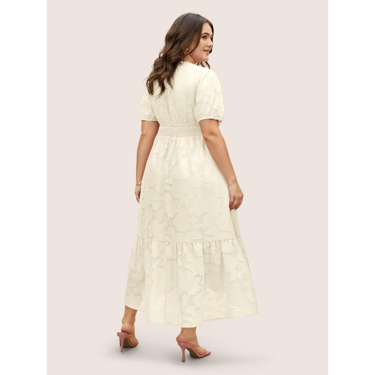 Plus Size Solid Textured Lantern Sleeve Button Detail Dress Beige Women Elegant Button V-neck Short sleeve Curvy BloomChic 18-20/2X Product Image