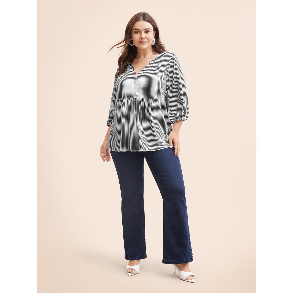 Plus Size Black Striped Gathered Button Detail Lantern Sleeve Blouse Women Elegant Elbow-length sleeve V-neck Everyday Blouses BloomChic 26/4X Product Image