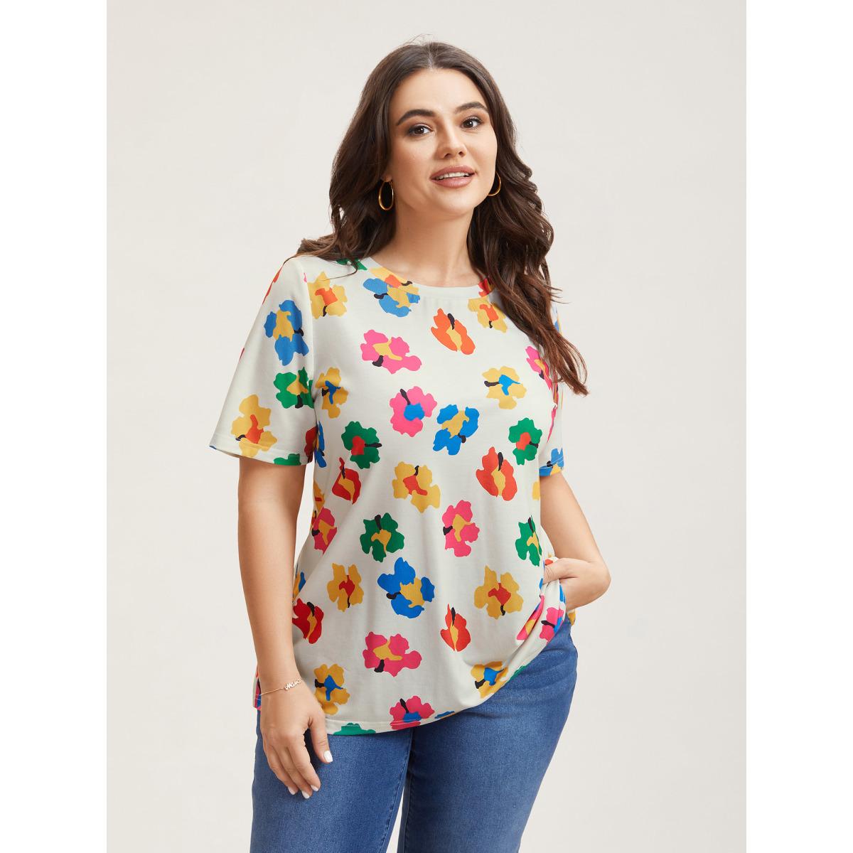 Plus Size Multi-Color Floral Print Fitted T-Shirt Multicolor Women Casual Non Round Neck Everyday T-shirts BloomChic 22-24/3X Product Image