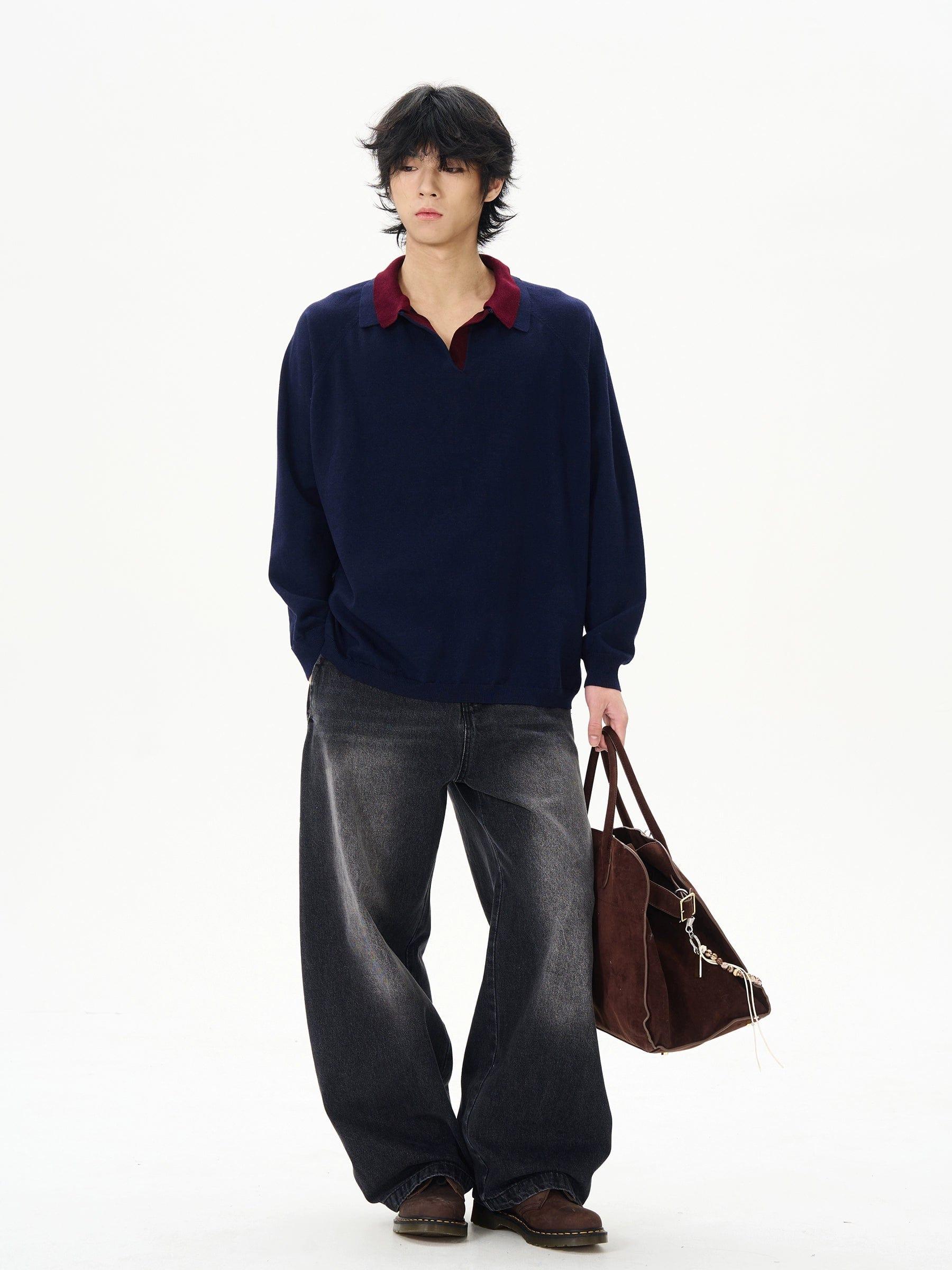 RT No. 12208 TWO PIECE NAVY KNIT POLO PULLOVER SWEATER Product Image