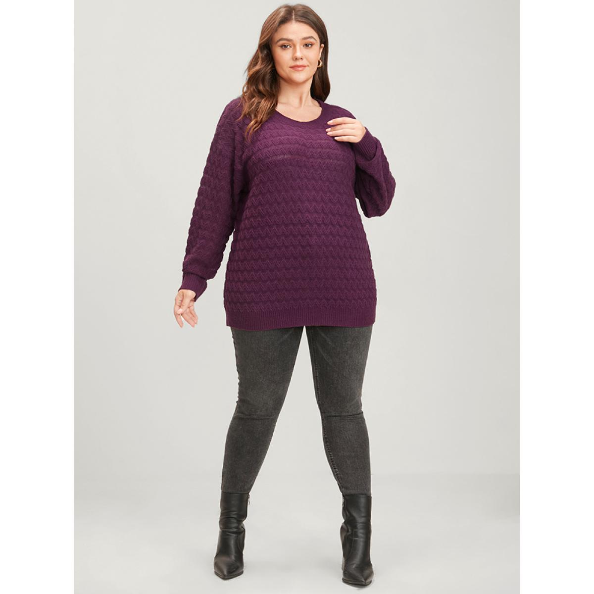 Plus Size Solid Geometric Pointelle Knit Round Neck Knit Top Eggplant Women Elegant Loose Long Sleeve Dailywear Pullovers BloomChic 30/6X Product Image