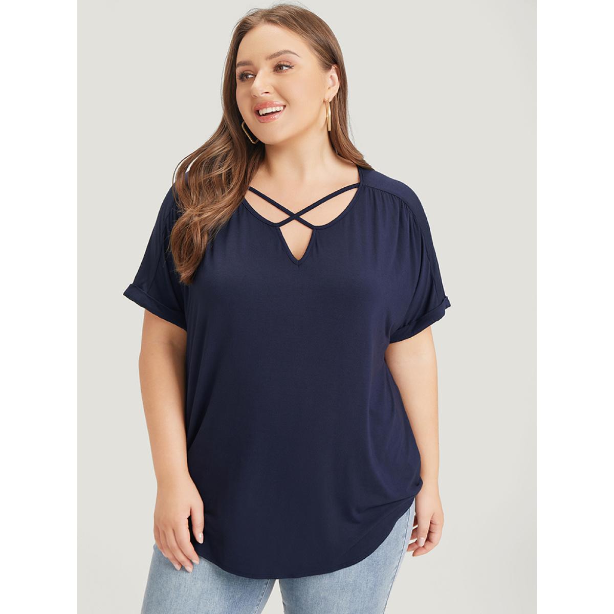 Plus Size Solid Notched Crisscross Roll Batwing Sleeve T-shirt Midnight Women Elegant Arc Hem Plain Notched collar Dailywear T-shirts BloomChic 14-16/1X Product Image