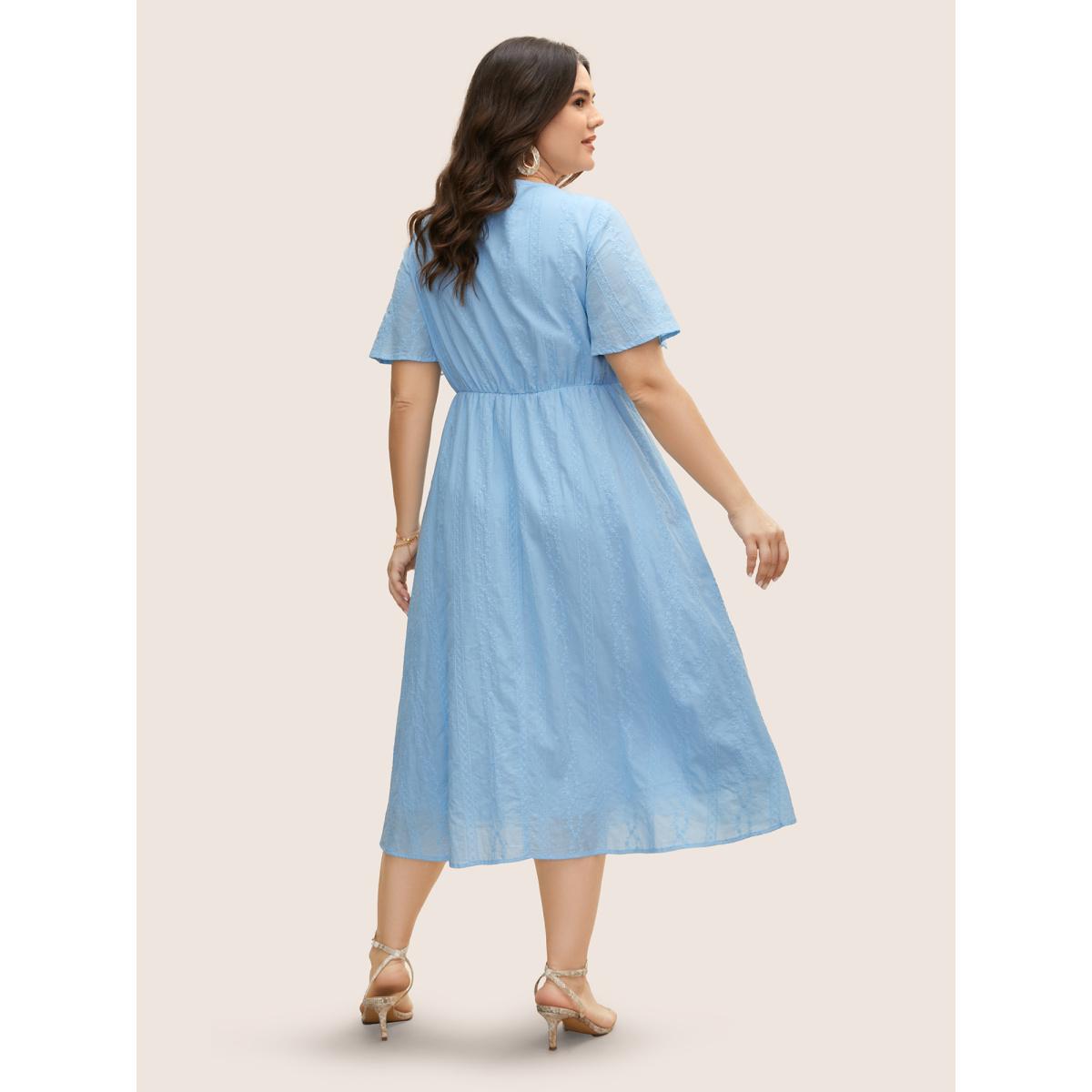 Plus Size Floral Chain Embroidered Ruched Midi Dress LightBlue Women Elegant Heart neckline Short sleeve Curvy BloomChic 12/L Product Image
