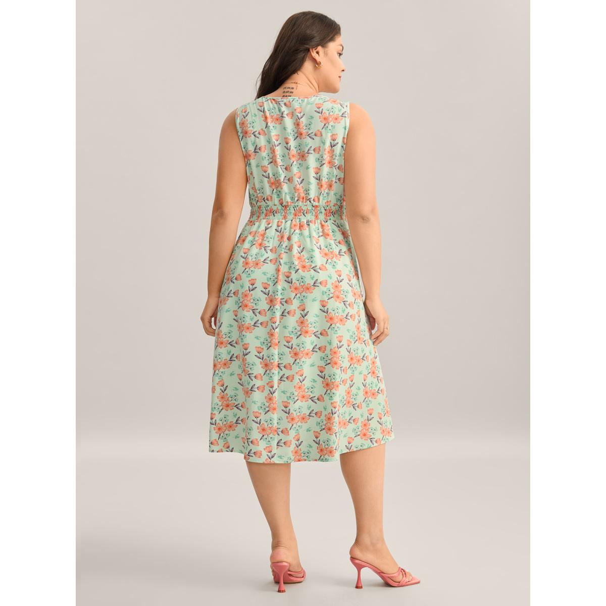 Plus Size Breezy Floral Print Lace Trim Midi Dress LightGreen Women V-neck Sleeveless Curvy BloomChic 30/6X Product Image