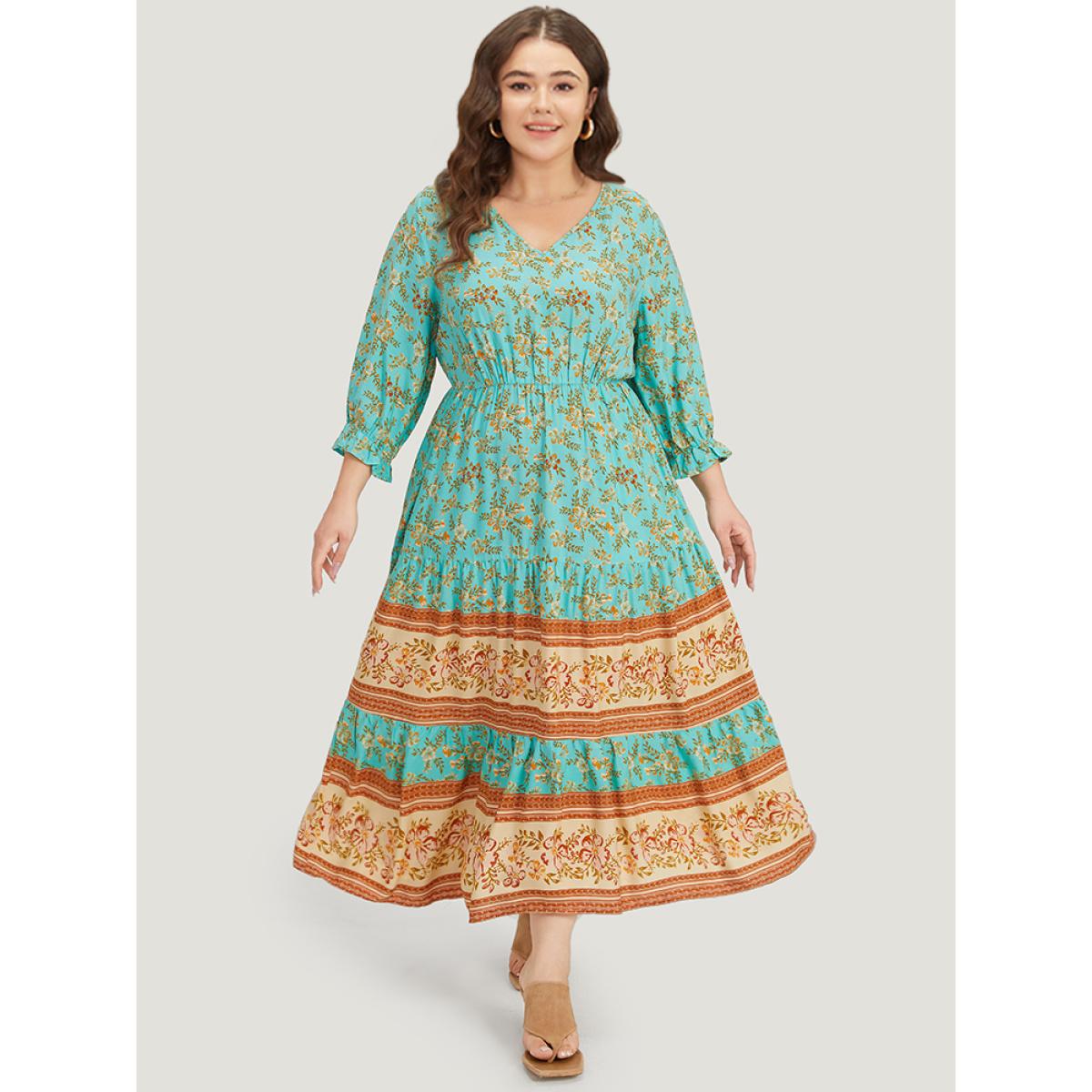 Plus Size Floral Print Lantern Sleeve Contrast Patchwork Dress Aquamarine Women Vacation Elastic cuffs V-neck Half Sleeve Curvy Midi Dress BloomChic 22-24/3X Product Image