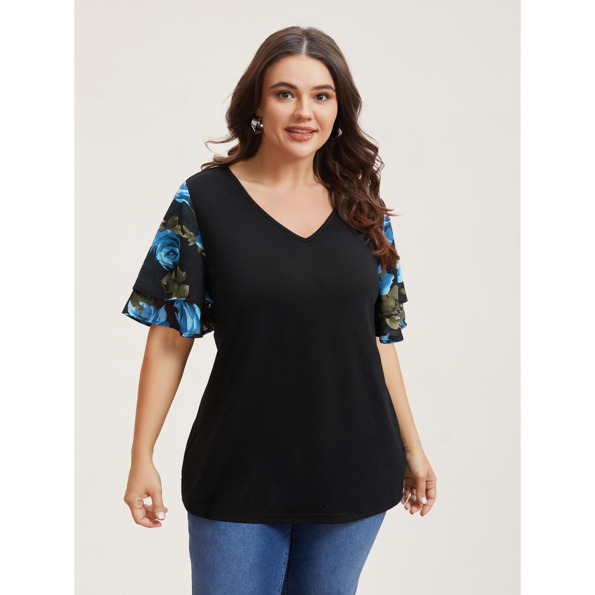 Plus Size Stretchy Floral Lotus Sleeve V-Neck T-Shirt Black Women Leisure Contrast Round Neck Casual T-shirts BloomChic 18-20/2X Product Image