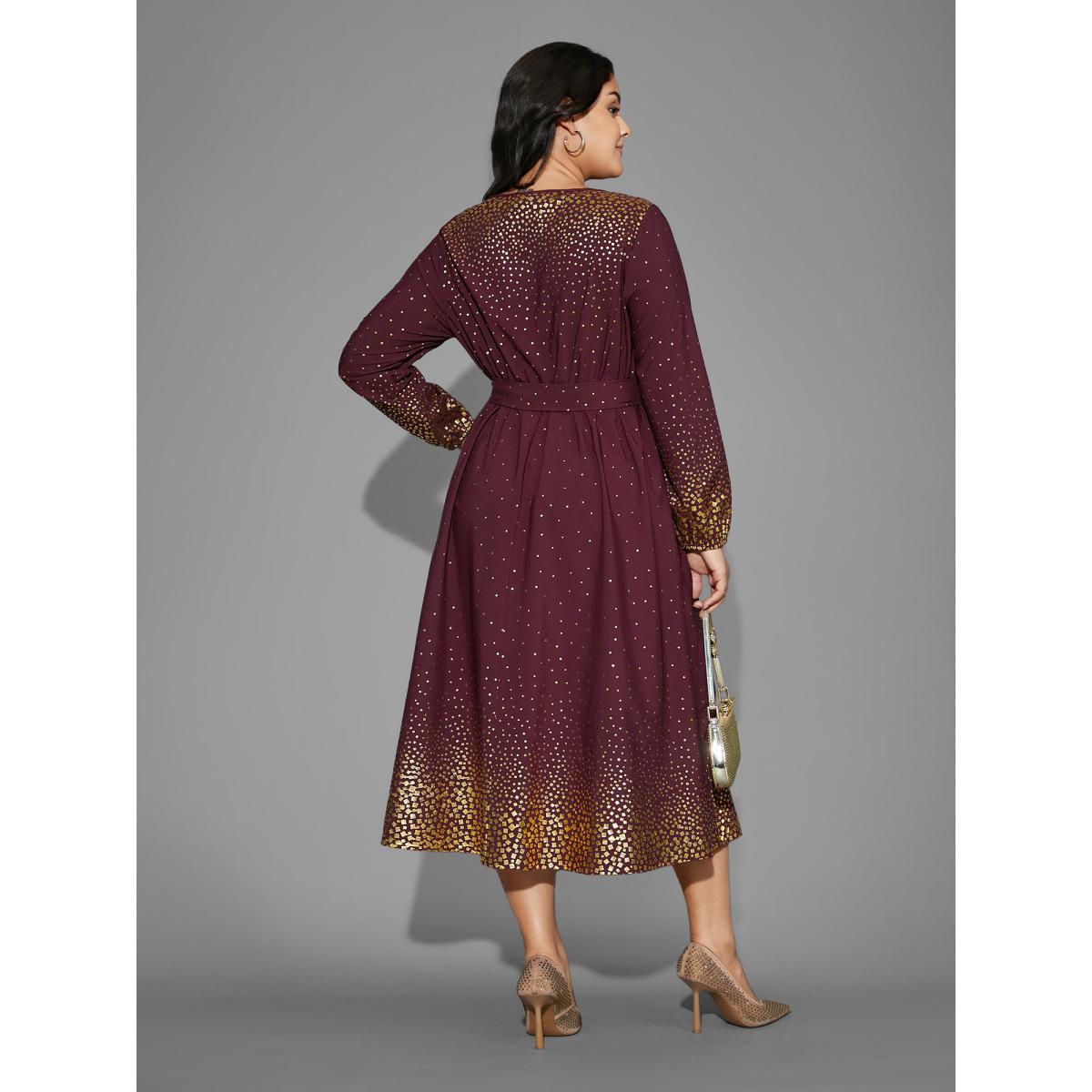 Plus Size Glitter Round Neck Belted Lantern Sleeve Dress Plum Women Party&Cocktail Texture Party Curvy Bloomchic 10/M Product Image