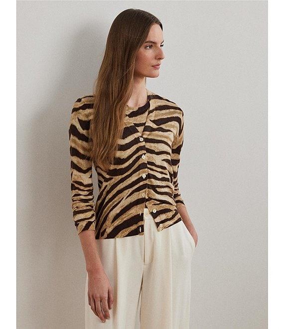 Lauren Ralph Lauren Linen Blend Zebra Print Button Front Cardigan Product Image