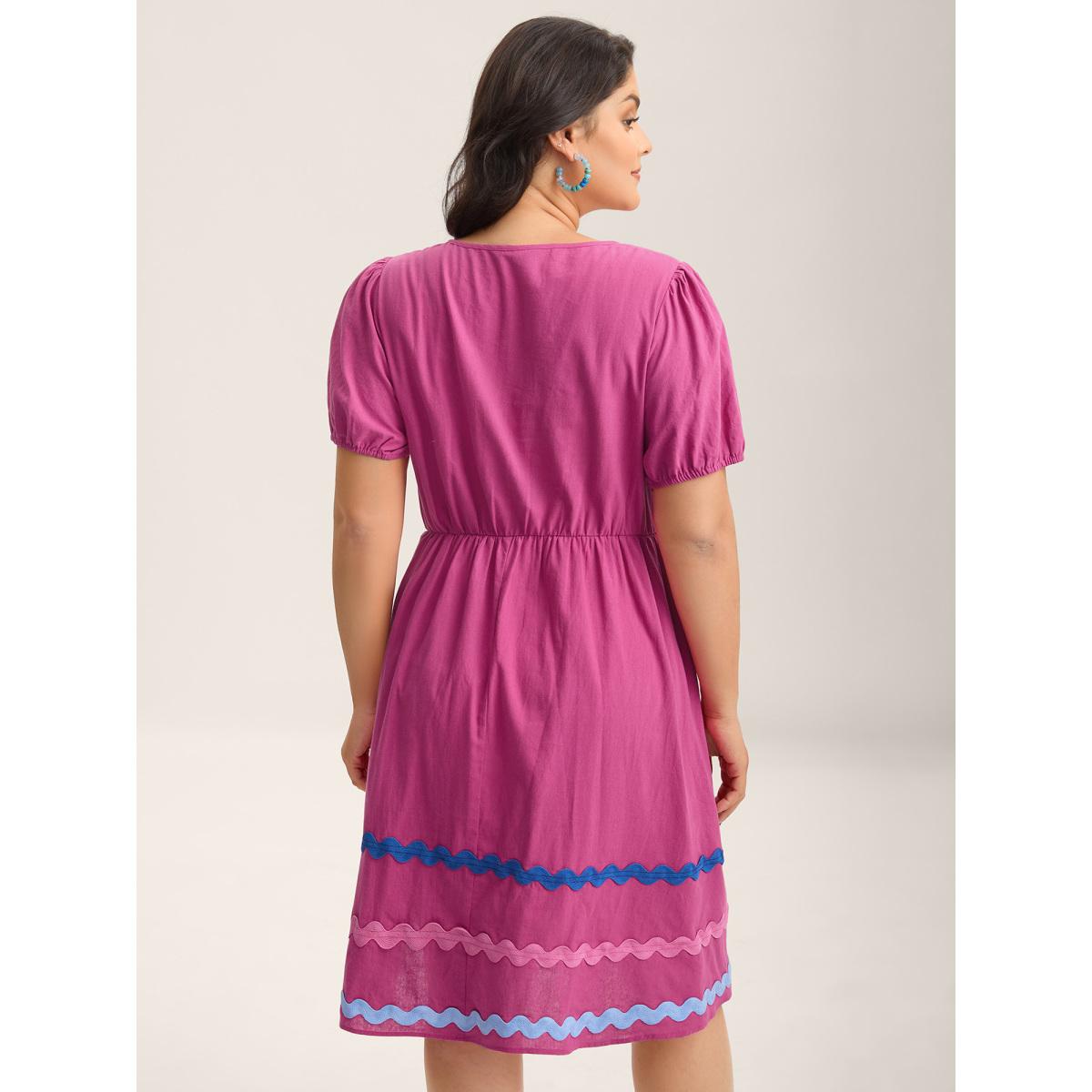 Plus Size Pure Cotton Stretchy Waist Ribbon Midi Dress RedViolet Women V-neck Short sleeve Curvy BloomChic 14-16/1X Product Image