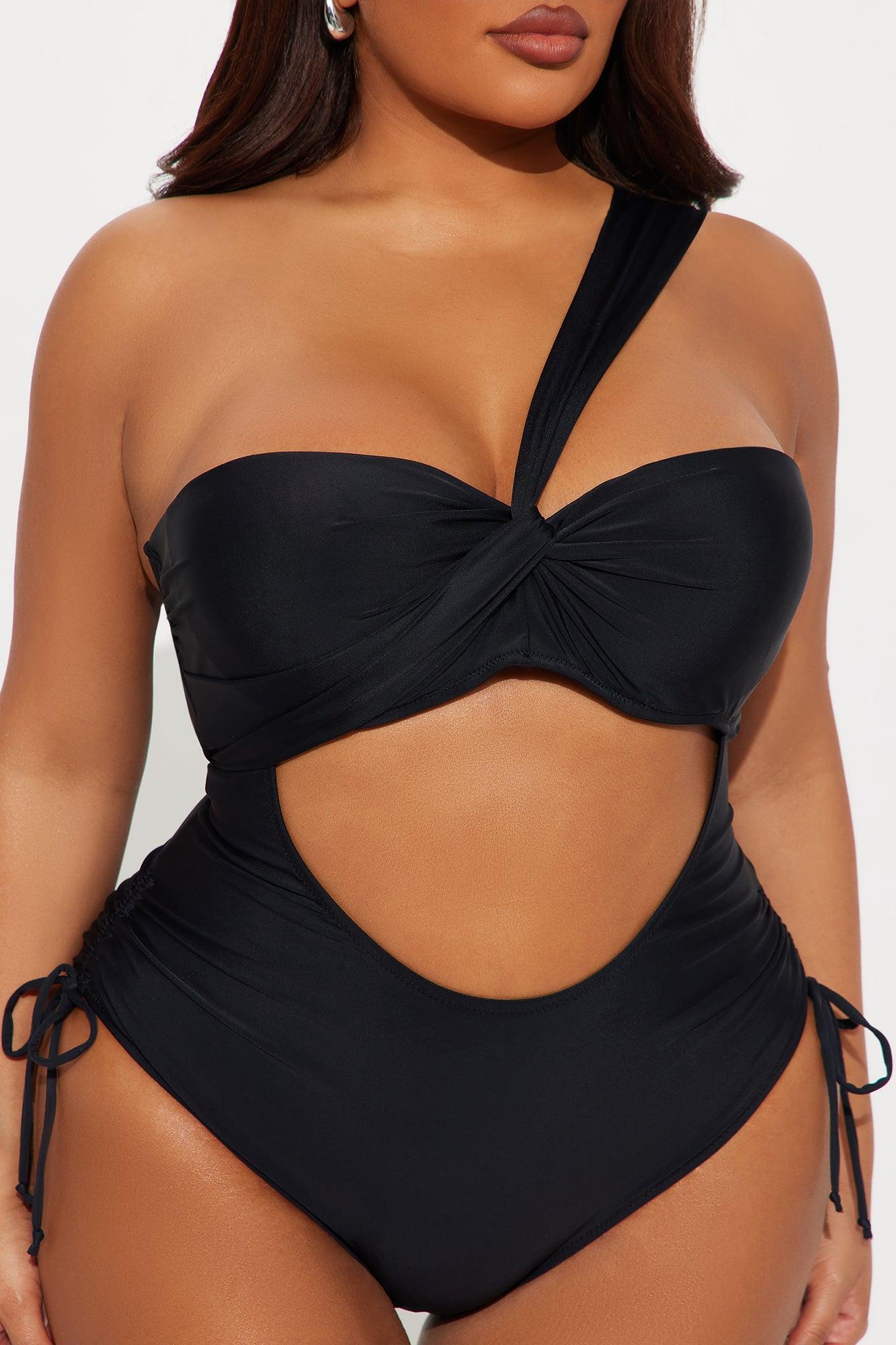 Cabana Beach One Shoulder Cutout Ruched 1 Piece Swimsuit - Black Product Image