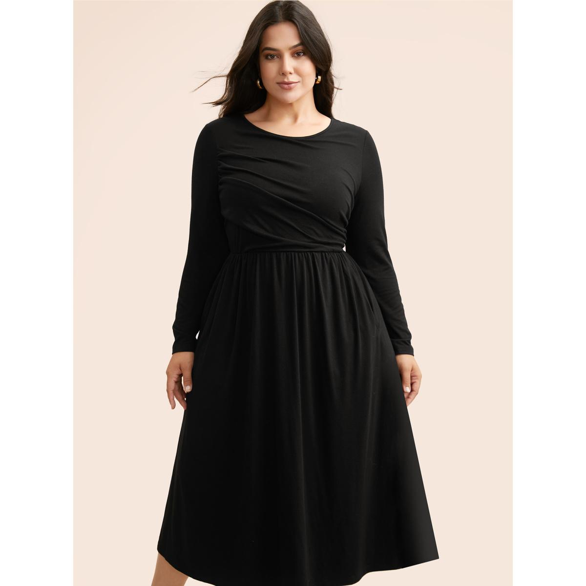 Plus Size Supersoft Essentials Boat Neck Gathered Dress Pureblack Women Casual Gathered Boat Neck Long Sleeve Curvy BloomChic 12/L Product Image