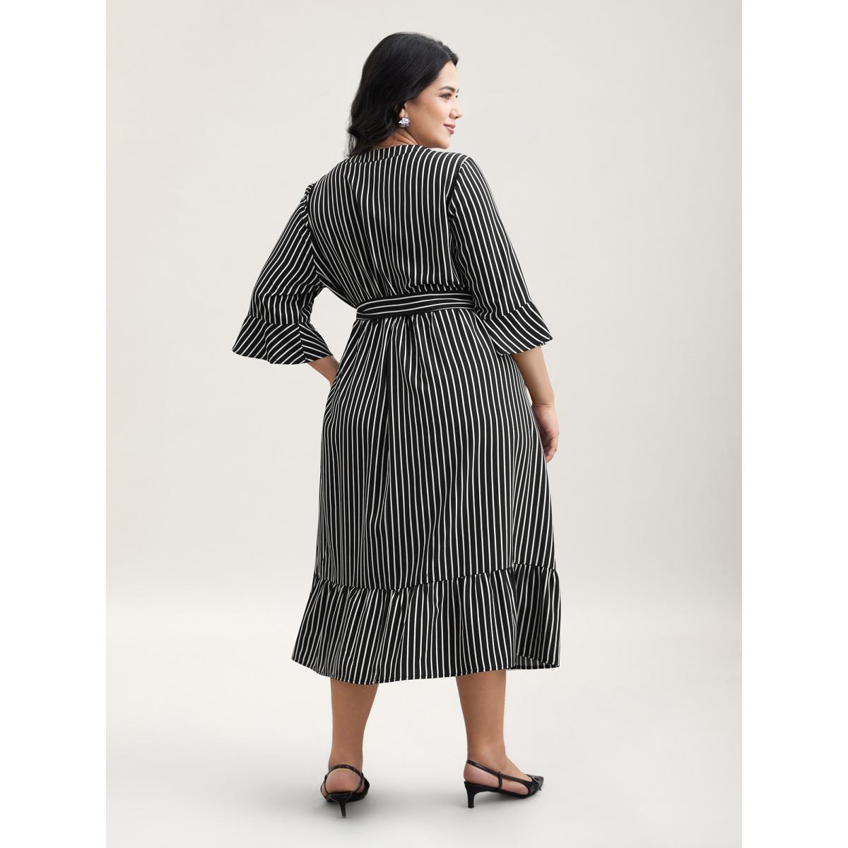 Plus Size Striped Belted Notched Collar Midi Dress Black Women At the Office Belted Flat collar with V-notch Elbow-length sleeve Curvy BloomChic 28/5X Product Image