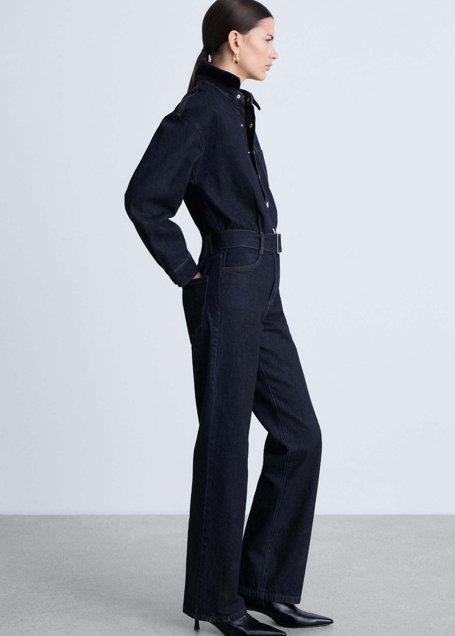 Rinse-wash denim jumpsuit with belt - Women | MANGO USA Product Image