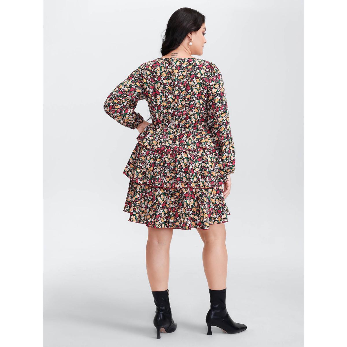 Plus Size Floral Shirred Layered Skirt Mini Dress Black Women Timeless Shirred Square Neck Long Sleeve Curvy BloomChic 22-24/3X Product Image