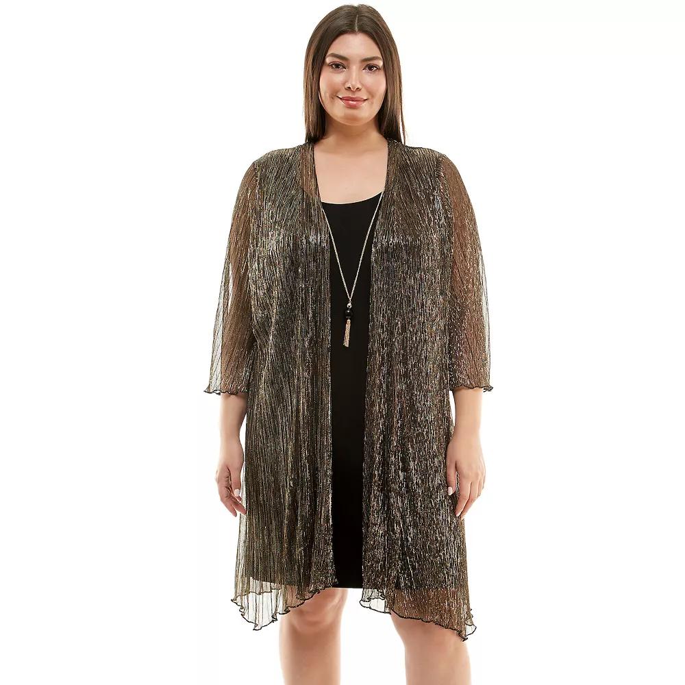 Plus Size Luxology 3-Piece Jacket & Shift Dress with Necklace, Women's, Size: 1XL, Bronze Rose Gold Black Product Image