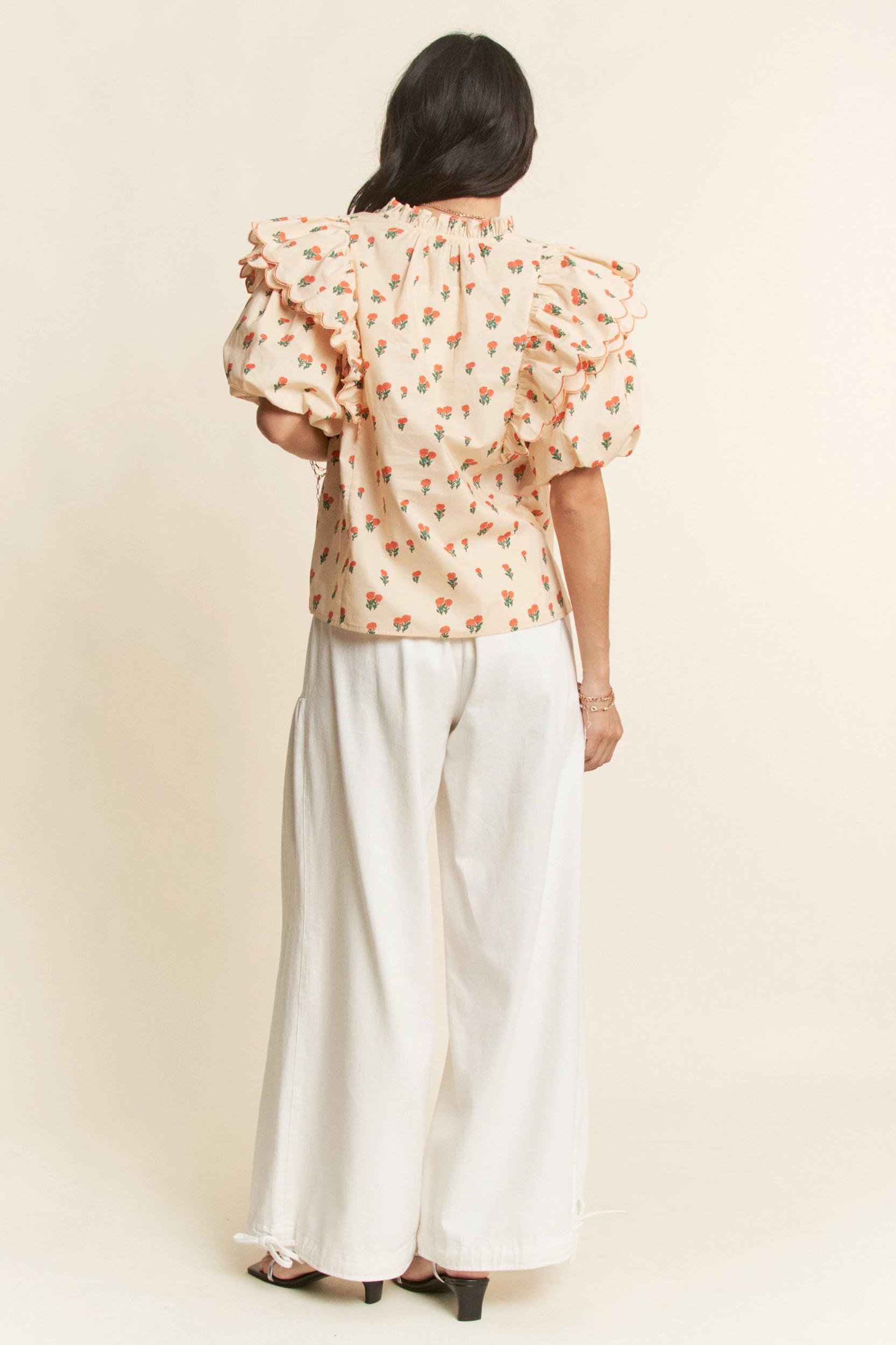 CONTRAST EDGE RUFFLE PUFF SLEEVE BLOUSE TOP: MOCHA BROWN Product Image