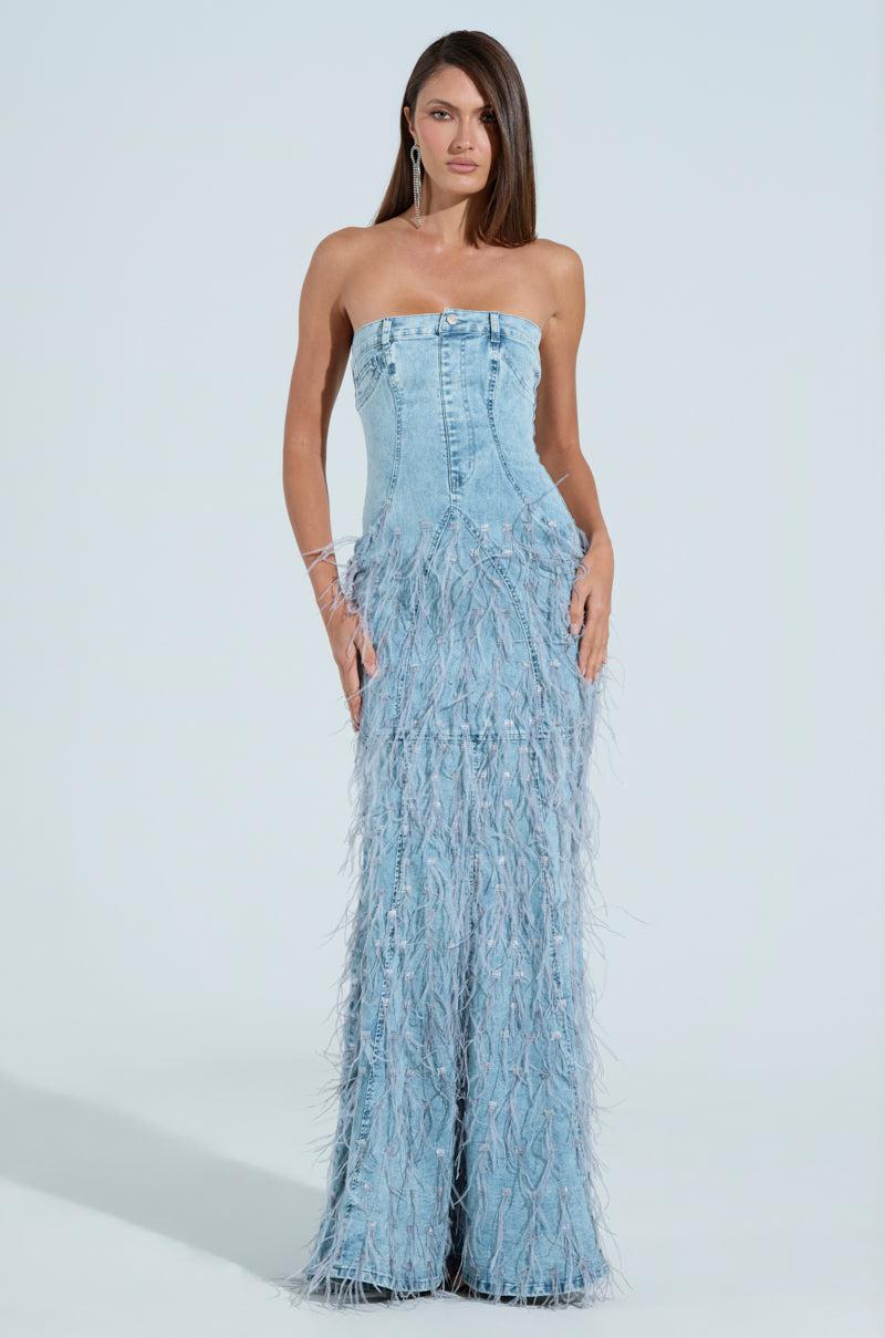 BRITTANY FEATHER DENIM MAXI DRESS Product Image