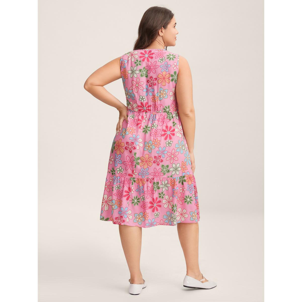 Plus Size Rayon Floral Print Stretchy Waist Midi Dress Multicolor Women V-neck Sleeveless Curvy BloomChic 28/5X Product Image