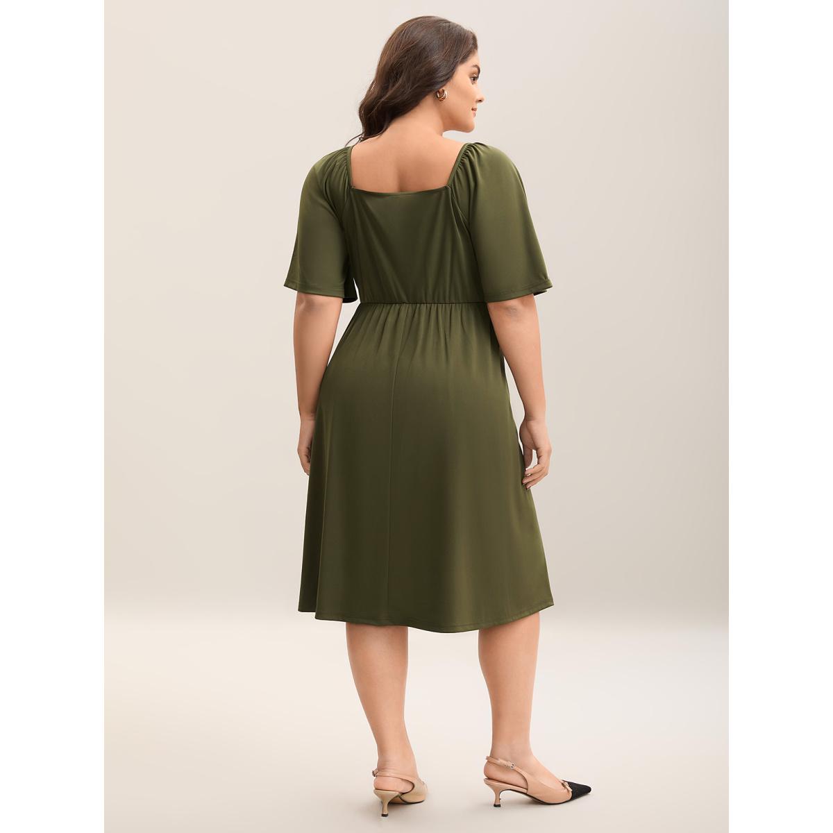 Plus Size Stretchy Plicated Detail Square Neck Dress ArmyGreen Women At the Office Pleated Square Neck Short sleeve Curvy BloomChic 14-16/1X Product Image