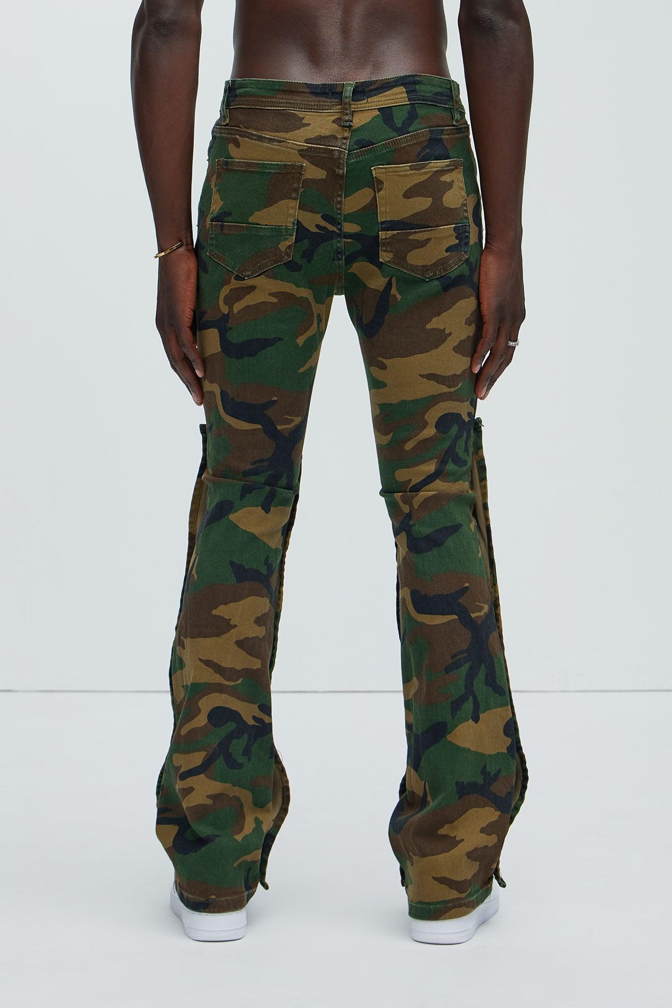 Utility Snap Pockets Slim Flare Pants - Camouflage Product Image