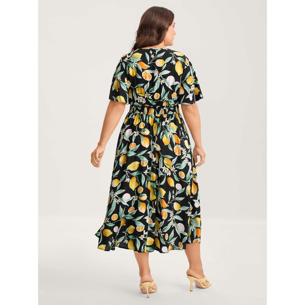 Plus Size Citrus Print Overlap Neck Shirred Midi Dress Black Women Timeless Overlap Collar Short sleeve Curvy BloomChic 14-16/1X Product Image