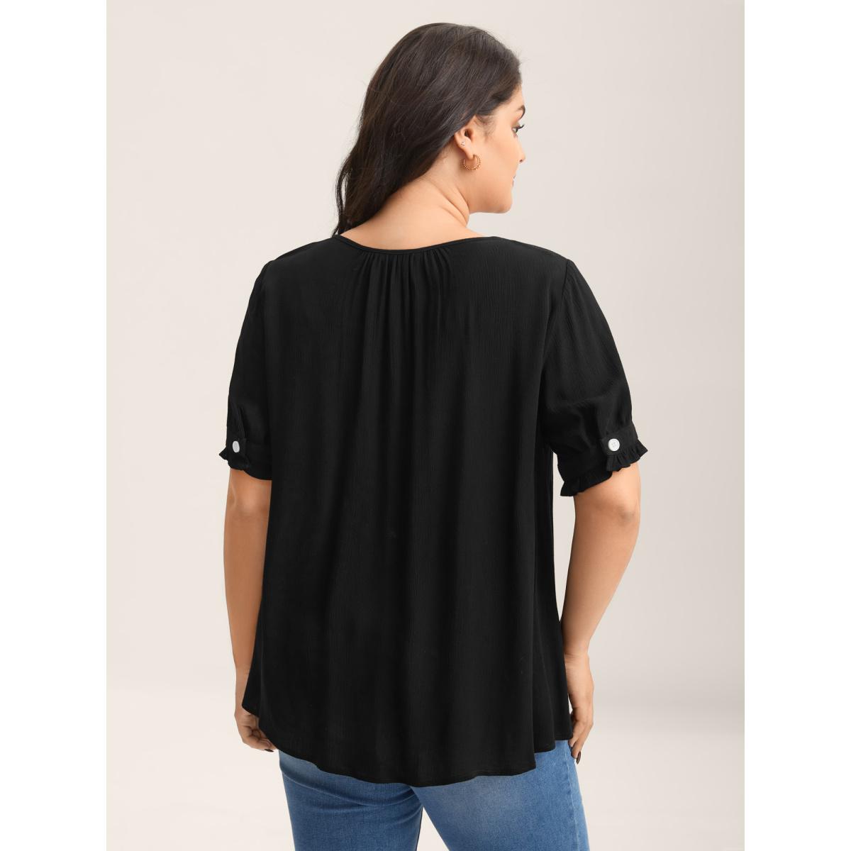 Plus Size Black Textured Button Detail Pleated Solid Top Women Leisure Short sleeve Round Neck Casual Blouses BloomChic 18-20/2X Product Image