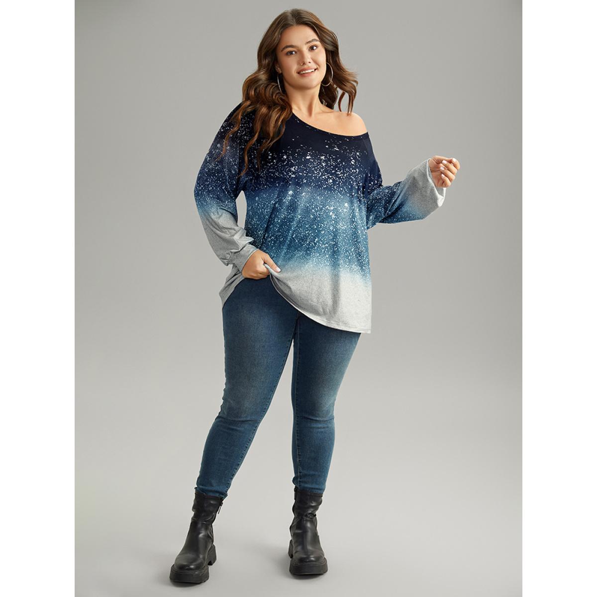Plus Size Ombre Raglan Sleeve Contrast T-shirt Blue Women Casual Elastic cuffs Colorblock Round Neck Everyday T-shirts BloomChic 22-24/3X Product Image