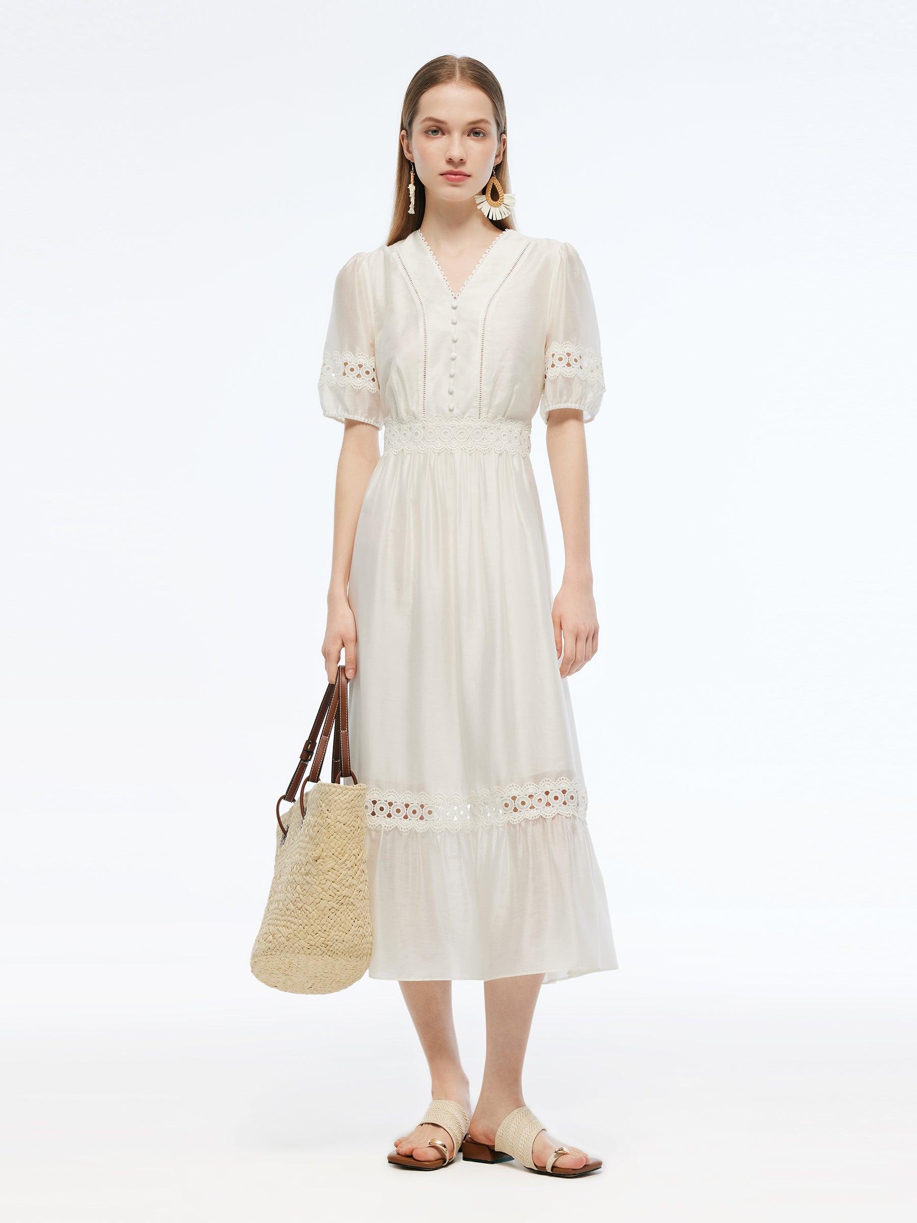 Tencel Blend Patchwork Lace Women Maxi Dress Product Image