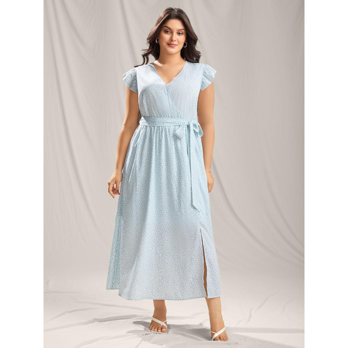 Plus Size Floral Print Slit Belted Maxi Dress LightBlue Women Overlap Collar Cap Sleeve Curvy BloomChic 30/6X Product Image