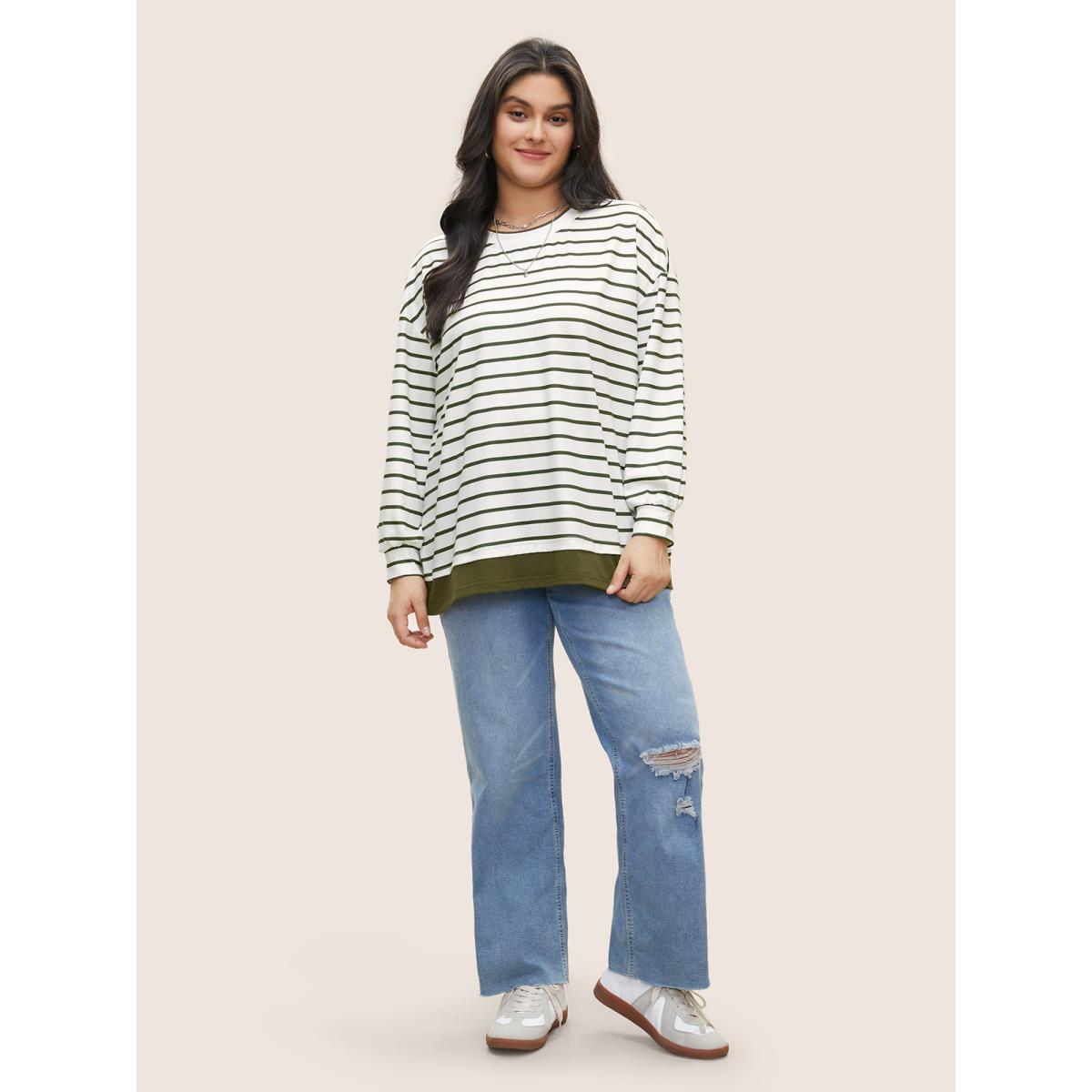 Plus Size 2-In-1 Contrast Striped Patchwork Sweatshirt Women ArmyGreen Casual Contrast Round Neck Everyday Sweatshirts BloomChic 14-16/1X Product Image