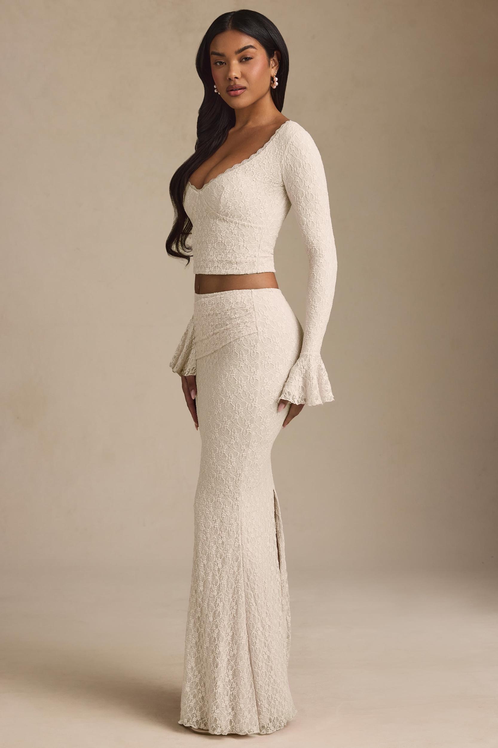 Draped Low-Rise Lace Maxi Skirt in Ivory Product Image