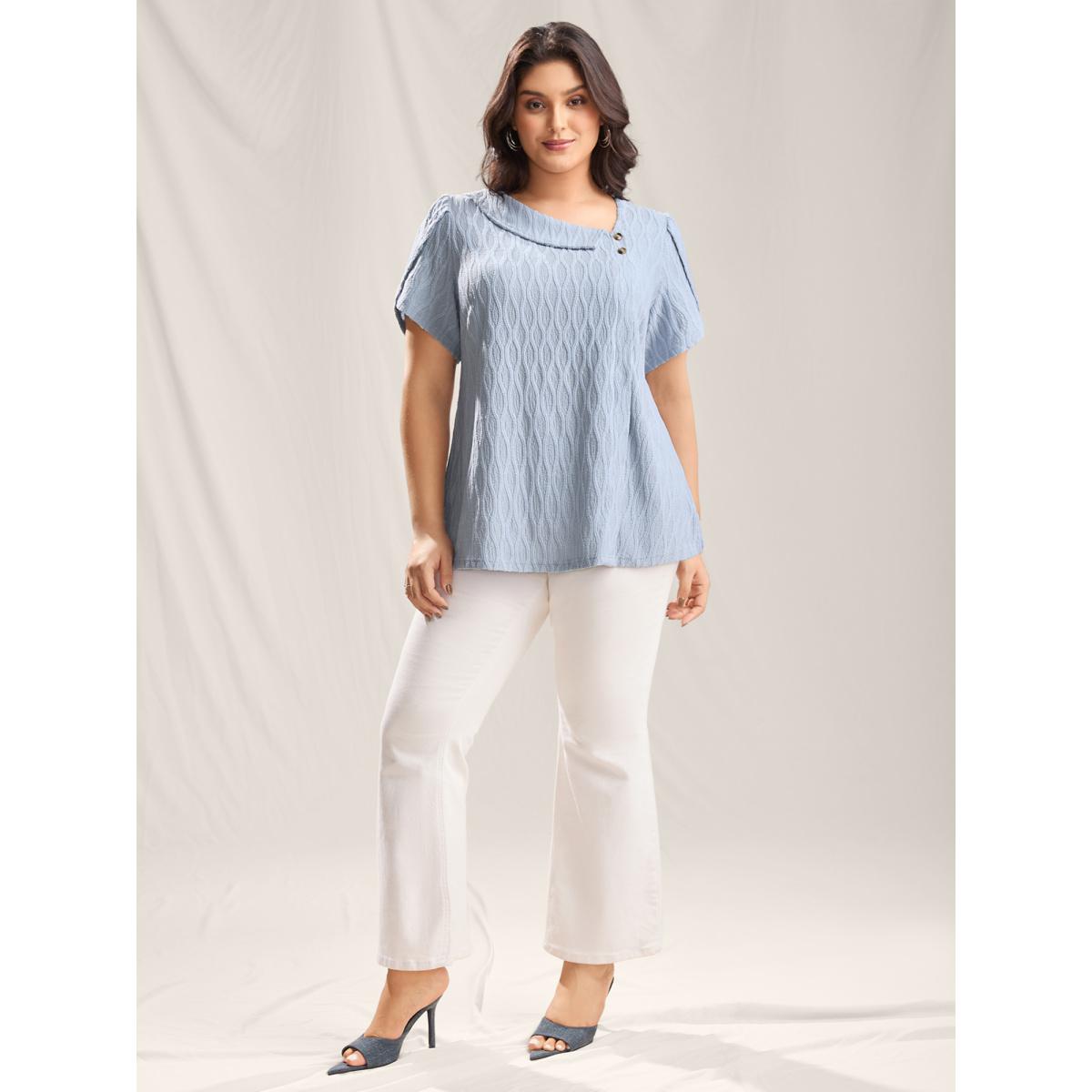 Plus Size Stone Asymmetrical Collar Textured Plain Blouse Women Office Short sleeve Asymmetrical Neck Office Blouses BloomChic 14-16/1X Product Image