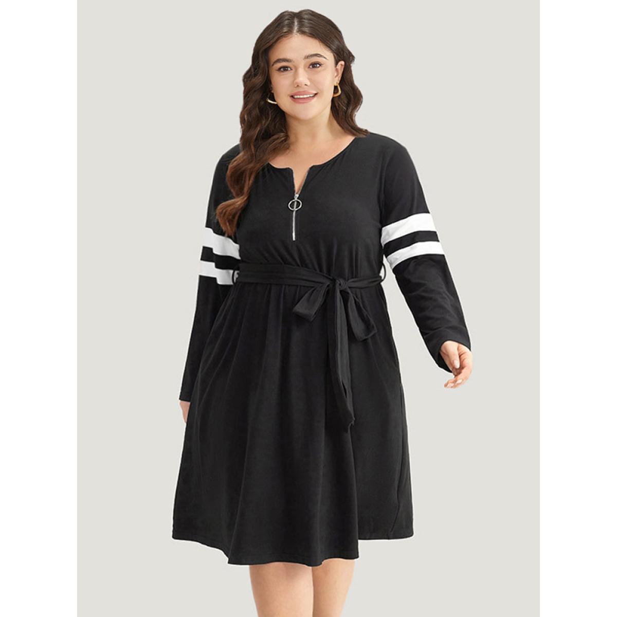 Plus Size Colorblock Patchwork Zipper Belted Dress Black Women Casual Belted Round Neck Long Sleeve Curvy Midi Dress BloomChic 30/6X Product Image