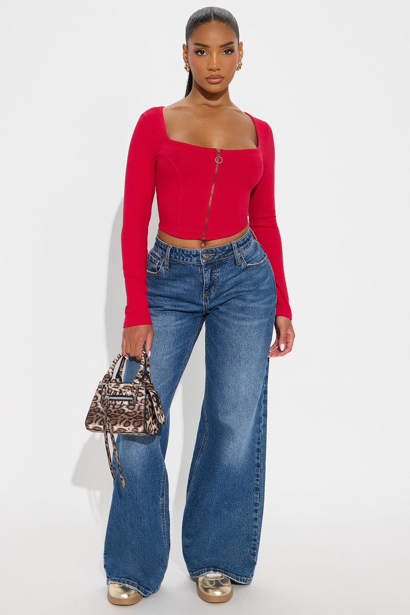 Tiara Cropped Ribbed Long Sleeve Top - Red Female Product Image